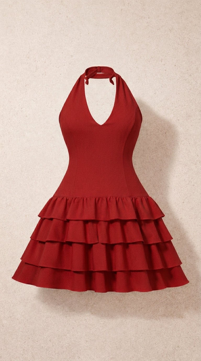 Red Halter Ruffle Dress